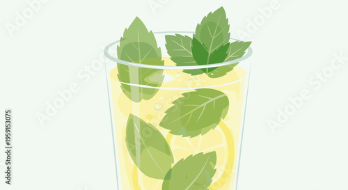 Refreshing glass of lemonade with mint leaves, vibrant yellow and green illustration, minimalist style with clear background