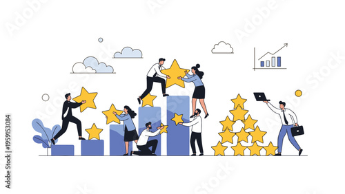Dedicated team of professionals working together to place gold stars on rising bars of a blue growth chart symbolizing success and high ratings.