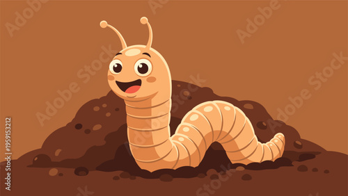 Cheerful cartoon earthworm with antennas and a big smile emerging from a dark brown mound of soil against a warm tan background.
