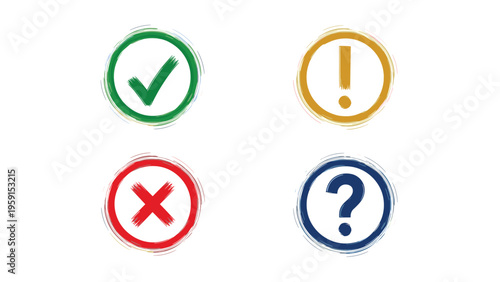Colorful set of four hand painted icons including a green check red cross yellow exclamation mark and blue question mark for web and app feedback.