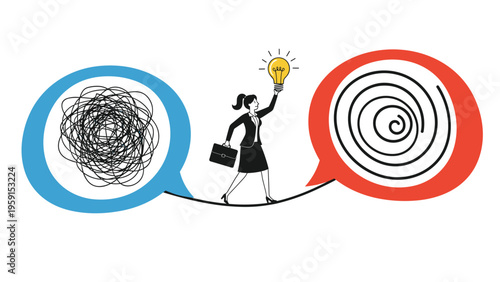 Fearless businesswoman walking across a tightrope carrying a briefcase and holding up a bright light bulb to bring clarity between chaos and order.