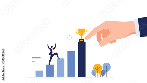 Motivational concept featuring a giant hand guiding a businessman up a bar chart toward a golden trophy at the highest peak for career success.