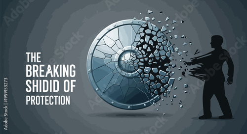 Man breaking through shield of protection with force and power in a dark background