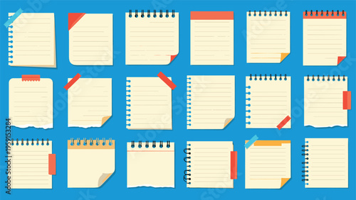 Large collection of different note papers and memo sheets with various tapes and pins on blue background for office reminders.