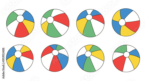 Collection of eight colorful inflatable beach balls with different stripes for summer vacation and poolside play activities.