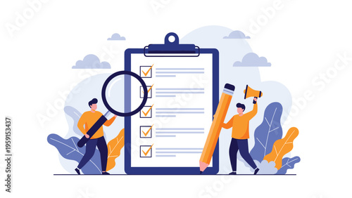 Two men with a giant checklist magnifying glass and pencil for quality control audit and business process inspection concepts.