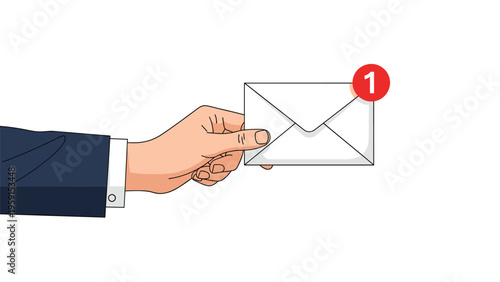 Close up of a hand in a business suit holding an envelope with a new message notification badge for email communication.
