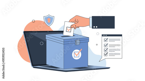 Concept of online voting with a hand putting a paper ballot into a box on a laptop screen for digital democracy and elections.