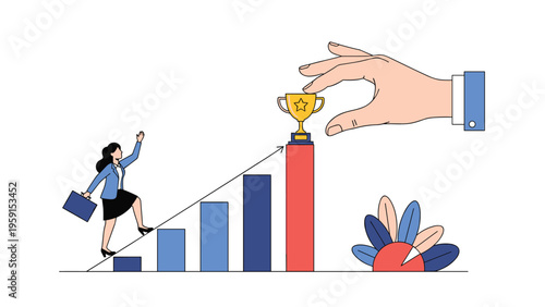Businesswoman climbing a bar chart towards a giant hand holding a golden trophy cup for achievement and recognition concept.