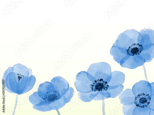 美しい青いアネモネの背景　水彩イラスト