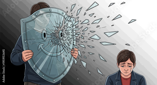 Man holding broken shield with smiley face symbolizing failed protection and emotional vulnerability
