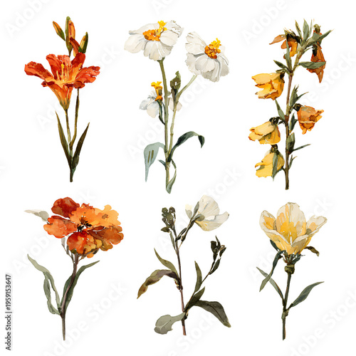 Exquisite Set of Watercolor Stalk Flowers for Elegant Designs