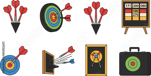 Darts and Target Practice Icon Set with Bullseye Board, Arrows, Scoreboard, Throwing Accuracy and Game Illustration Collection