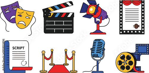 Film and Theater Production Icon Set with Clapperboard, Script, Stage Masks, Spotlight, Microphone, Red Carpet and Movie Reel Illustration