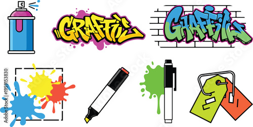 Graffiti and Street Art Icon Set with Spray Paint, Tags, Markers, Paint Splashes and Urban Creative Illustration Collection