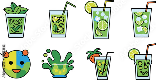 Healthy Green Juice and Detox Drink Icon Set with Smoothies, Fresh Herbs, Lemon, Mint and Organic Beverage Illustration Collection