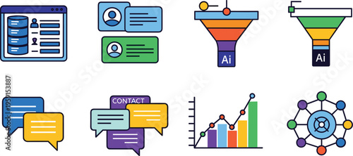 AI Marketing and Customer Data Funnel Icon Set with CRM, Analytics, Communication, Lead Generation and Conversion Process Illustration