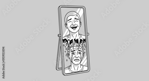 Vector illustration of a smiling face in a mirror reflecting a stressed face