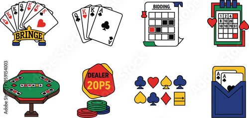 Card Game and Casino Icon Set with Playing Cards, Bridge, Poker Table, Dealer Chips, Bidding Scorecard and Gambling Illustration