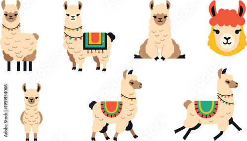 Cute Llama and Alpaca Cartoon Icon Set with Adorable Farm Animals, Decorative Blankets and Funny Character Illustration Collection