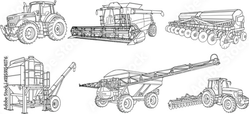Agricultural machinery and heavy farm equipment set including tractor combine harvester sprayer and grain auger line art illustrations isolated on white background for design.