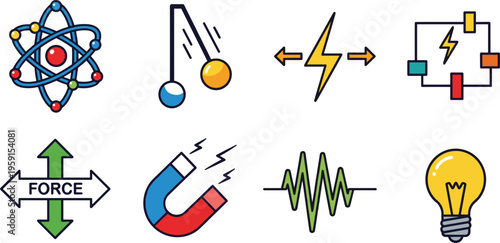 Physics and Electricity Icon Set with Atom, Newton Cradle, Force, Magnet, Energy, Circuit, Waveform and Light Bulb Illustration