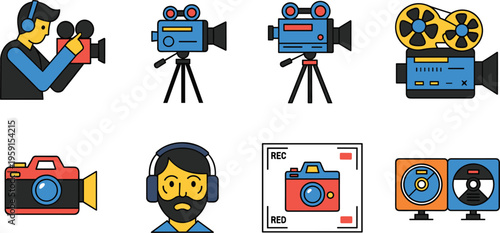Videography and Filmmaking Icon Set with Camera Operator, Film Camera, Recording Frame, Audio Monitoring and Production Equipment Illustration