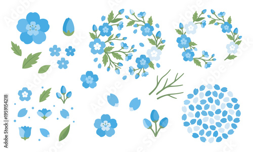 爽やかな青い花（ネモフィラ）と花びらのイラストセット