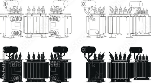 Black silhouette and white line art illustrations of high voltage electric power transformers and industrial electrical distribution equipment for energy infrastructure.