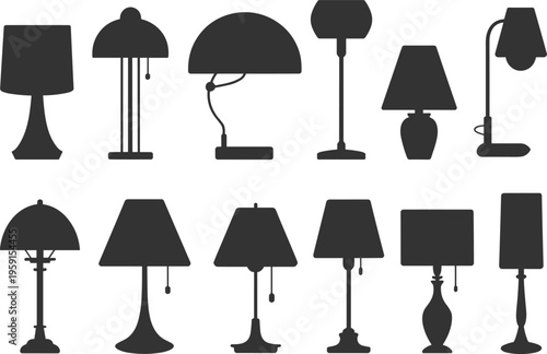 Black Lamp Silhouette Set Isolated on White Background for Interior Design Home Decor Furniture Catalog Table Lamp Desk Light and Lighting Icon