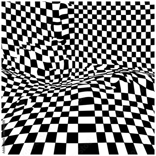 Black and white checkered pattern with warped alternating squares creating optical illusion on floor and walls