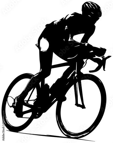 Cyclist in racing position leaning forward on bicycle intense focus dynamic motion athleticism speed competition cycling sports fitness exercise bike road bike gear helmet