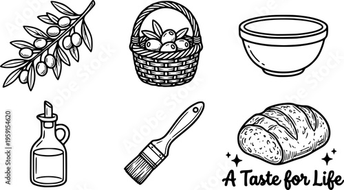 Black and white vector art of olive branch basket bowl olive oil brush and fresh bread simple kitchen cooking illustration
