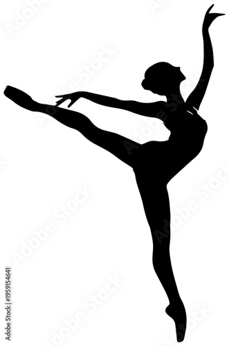Ballet dancer in arabesque position with one leg extended black silhouette on white background elegant and dynamic pose