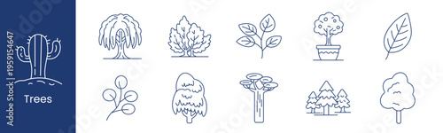 Trees set icon. Collection with cactus, willow tree, bush, branch leaves, potted plant, single leaf, berry twig, tall tree, forest group, round tree.