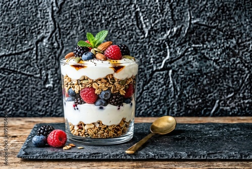 Deliciously layered yogurt parfait overflowing with fresh raspberries, blueberries, blackberries, crunchy granola, seeds, and almond garnishes, enhanced by a rich dark backdrop