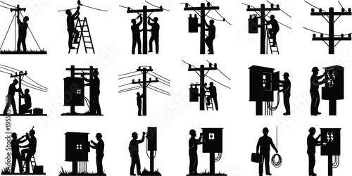 Black silhouette illustrations of professional electricians and linemen performing maintenance on electrical power poles, utility lines, and outdoor control boxes for energy infrastructure.