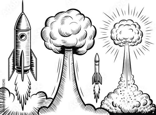 Rocket launch and explosion line art set, minimalist black and white ink style depiction of rockets with motion lines, smoke clouds, and explosive effects for comic and action illustration.