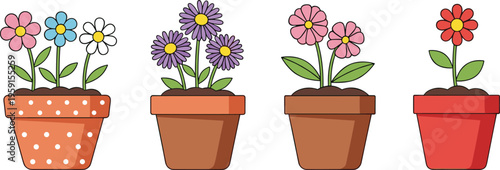 Cute Flower Pot Plant Set with Colorful Blossoms in Cartoon Style for Home Garden Decoration and Indoor Botanical Illustration Collection