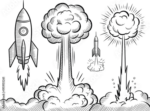 Rocket launch and explosion line art set, hand-drawn comic-style illustration featuring missile motion, dramatic smoke clouds, and dynamic explosion sketch for graphic storytelling.