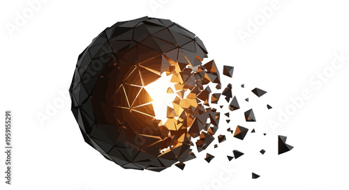 Shattering black geometric sphere with explosive light effect on white background