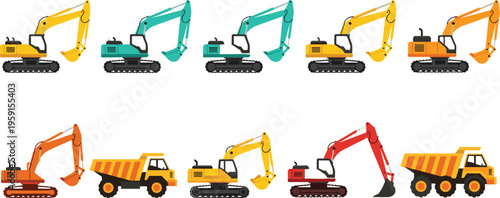 Construction heavy machinery set featuring colorful excavator icons and dump trucks for earth moving building site and civil engineering projects isolated on white background.