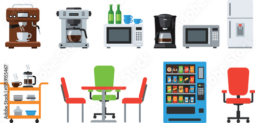 Flat vector illustration set of office breakroom equipment including coffee makers, microwave ovens, vending machine, refrigerator, snack cart, and dining furniture for corporate pantry.