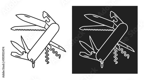 "Swiss Army Knife Vector Illustration, Multi-Tool Design, Black and White Line Art, Corkscrew, Screwdriver, Blade, Can Opener, Contrast Background, Hardware Graphic"