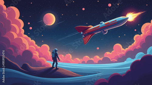Space, astronaut, rocket launch, colorful cosmic scene, futuristic illustration