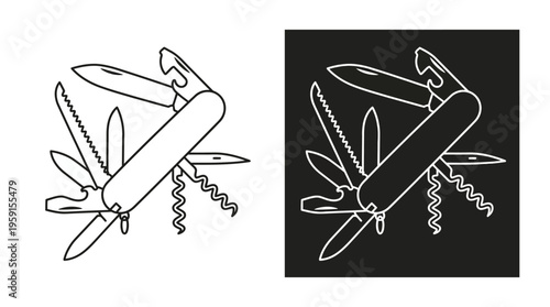 "Swiss Army Knife Vector Illustration, Multi-Tool Design, Black and White Line Art, Corkscrew, Screwdriver, Blade, Can Opener, Contrast Background, Hardware Graphic"