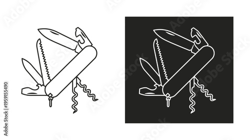 "Swiss Army Knife Vector Illustration, Multi-Tool Design, Black and White Line Art, Corkscrew, Screwdriver, Blade, Can Opener, Contrast Background, Hardware Graphic"