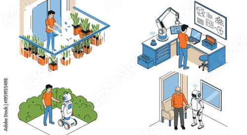 Future technology illustration set featuring robotic arm engineering smart home balcony gardening service robot for elderly care and autonomous lawn maintenance for modern life.