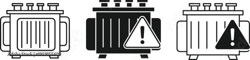High voltage electric power transformer icon set with warning hazard sign symbol, industrial electrical distribution substation equipment isolated on white background for design.