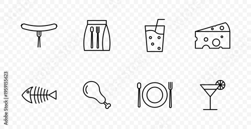 Food set icon. Sausage, cutlery holder, soft drink, cheese, fish, chicken leg, plate, cocktail, restaurant menu, dining, cuisine, meal service